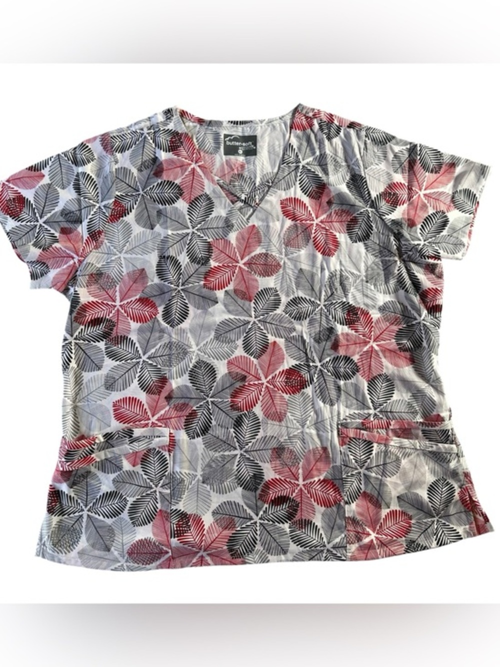 NWT Butter-Soft Stretch V-Neck Leaf Print Scrub Top — Pink & Gray XL